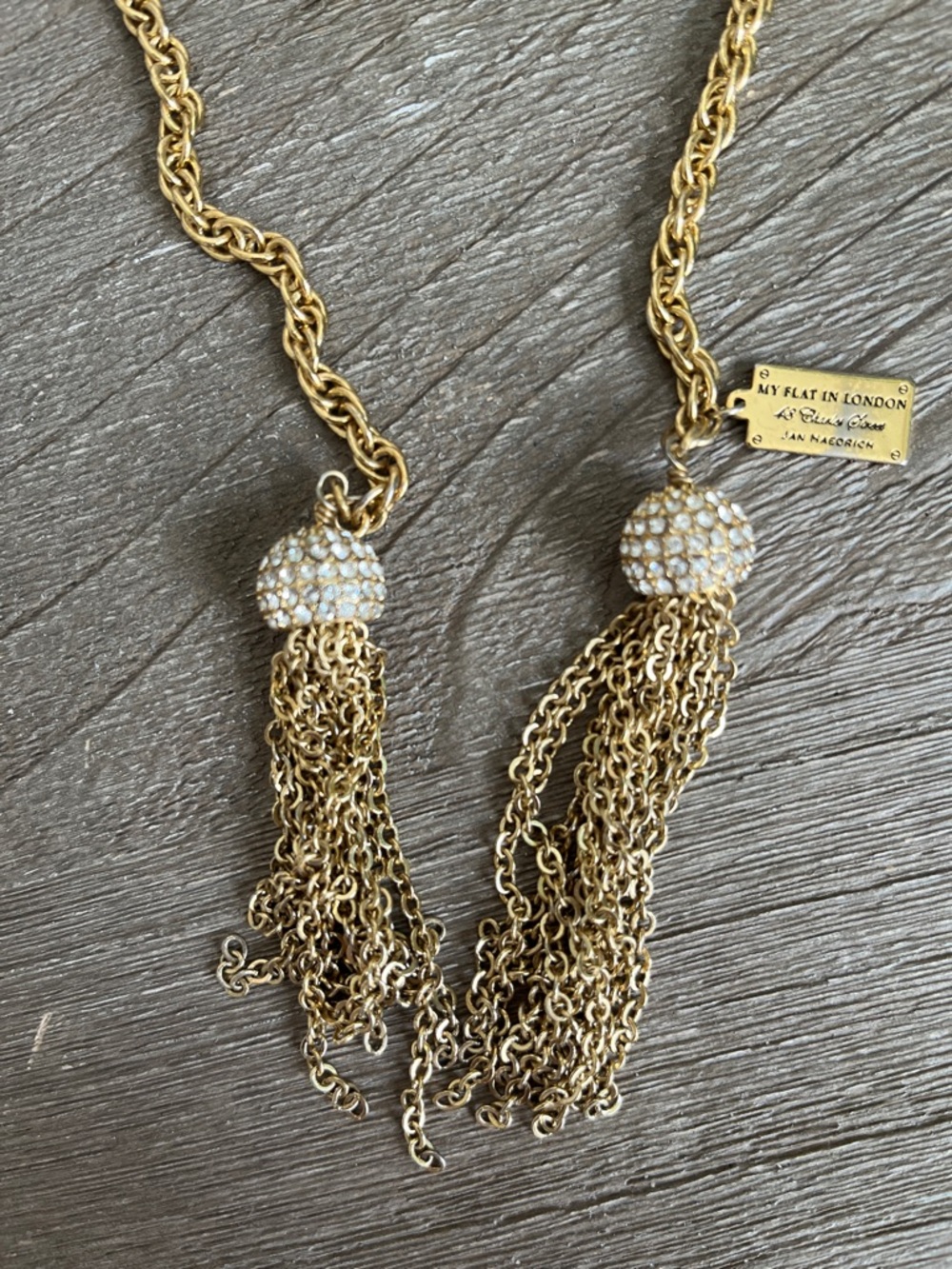 Brighton “My Flat in London”Gold Tassel Lariat Necklace with Crystal Pave Caps